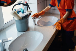 female commercial cleaner wiping down a sink in cleaning gloves