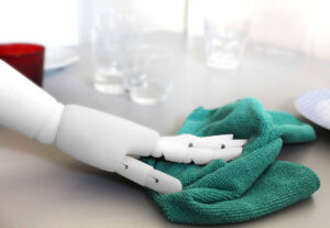 Robotic hand cleaning kitchen table