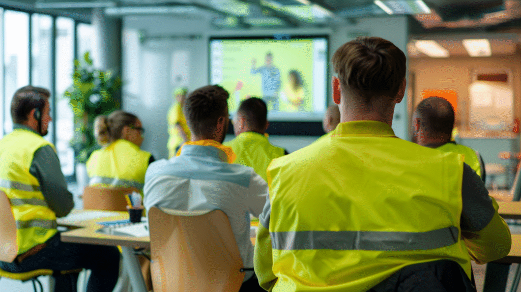 Janitorial employees attending a training session on safety and cleaning protocols inside a conference room