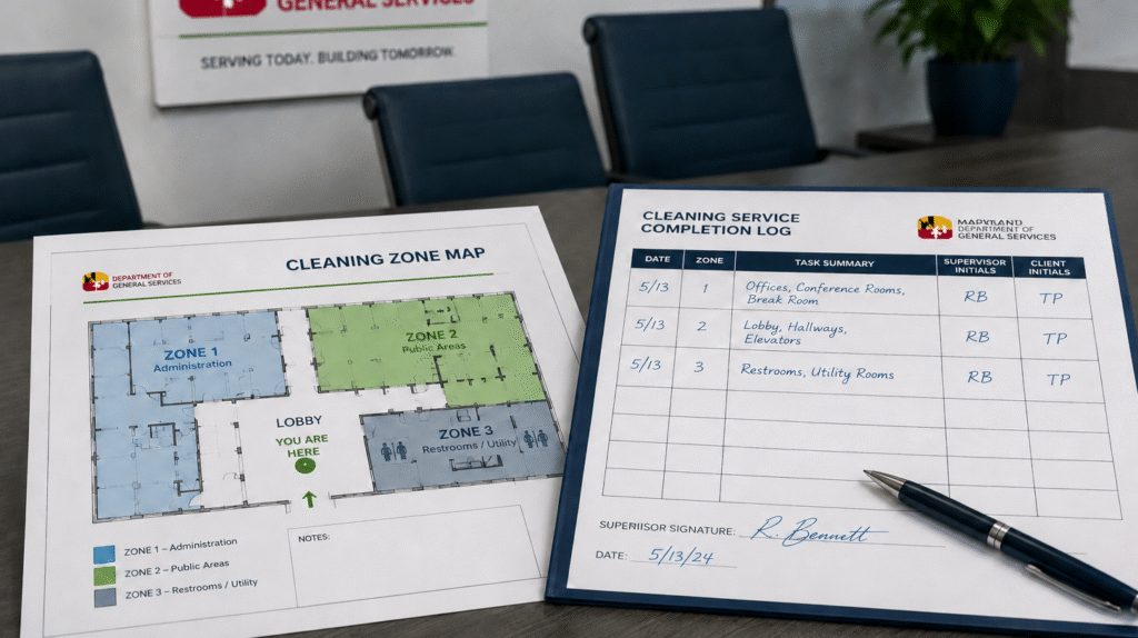 Safety poster listing dilution control, wear PPE, follow label directions, and keep area clean for commercial cleaning chemicals