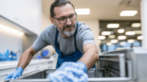 A cleaning professional thoroughly scrubbing the interior of a stainless steel commercial kitchen appliance in a bright modern office break room, spotless countertops and cabinetry, warm ambient lighting, photorealistic editorial style --ar