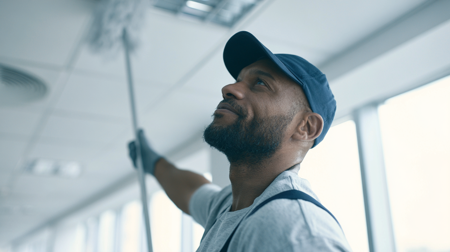 A professional commercial cleaner in uniform using an extended duster to clean HVAC ceiling vents in a modern office building, soft natural light streaming through large windows, clean corporate environment, photorealistic, editorial photography