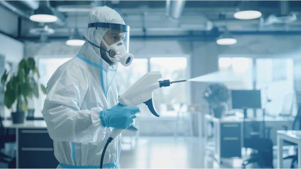 Commercial cleaner sanitizing an open-plan office with an electrostatic sprayer.