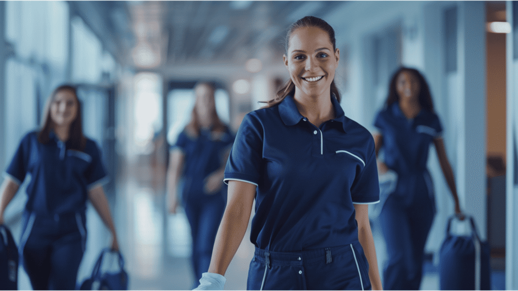 Commercial cleaning team in matching blue uniforms walking down a bright hallway.