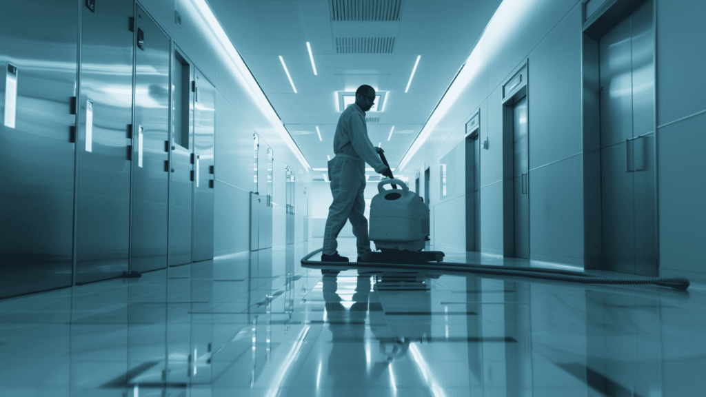 Professional cleaner buffing the polished floor of a modern government facility.