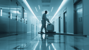 Professional cleaner buffing the polished floor of a modern government facility.